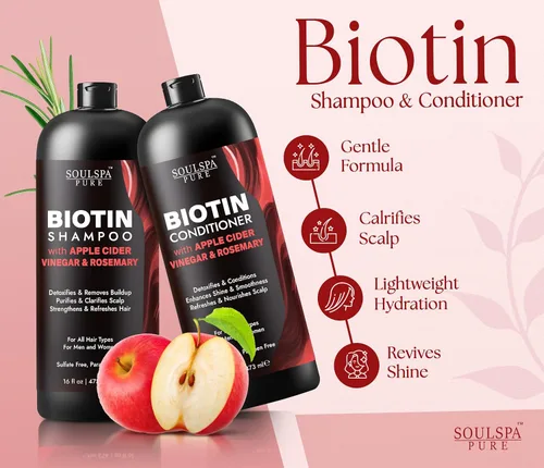 Miniatura 2 de SOULSPA PURE Juego de champú y acondicionador de biotina de vinagre de sidra de manzana, cuidado aclarante del cuero cabelludo con aceite de romero
