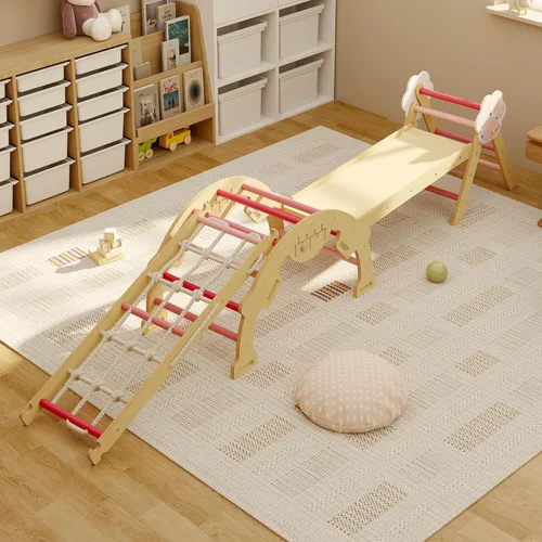 Miniatura 8 de Juguetes de escalada 4 en 1 para niños pequeños con rampa, arco y escalera, juego de triángulos Pikler con construcción de madera, juego de escalada