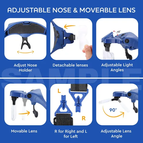 Miniatura 6 de YOCTOSUN - Gafas de aumento con 4 luces LED, 5 lentes, estuche de almacenamiento para la cabeza, lupa iluminada manos libres para manualidades, Azul
