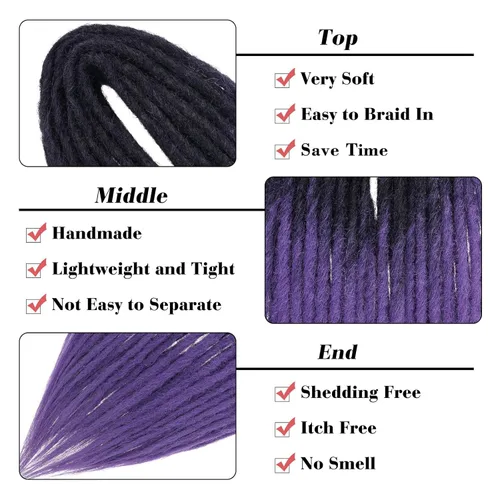 Miniatura 3 de Leeven Extensiones sintéticas de rastas de 24 pulgadas de doble extremo, de negro a morado, delgadas, 10 hebras, hechas a mano, 0.6 cm de ancho