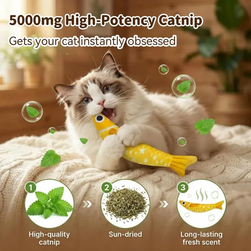 Miniatura 2 de Juguetes para gatos de interior con 5000 mg de hierba gatera natural interactiva Kicker Fish Toy de sonido Crinkle Bell Sonido Gato Adulto Gatitos