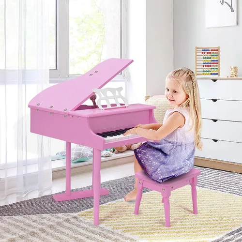 Miniatura 4 de HONEY JOY Piano clásico para niños, mini piano de cola de 30 teclas con soporte de música y banco, juguete de instrumento musical de madera con tapa