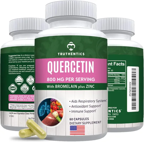 TRUTHENTICS Quercetina con bromelina y zinc 1050 mg – Suplementos de quercetina de zinc premium para apoyo inmunológico, respiratorio y estacional –