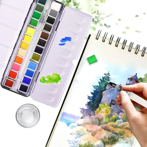 Miniatura 3 de Juego de pintura de acuarela sólida de 24 colores con cepillo de agua recargable, medias sartenes de grado artístico en caja de lata, kit
