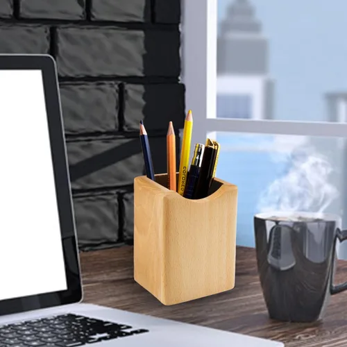 Miniatura 6 de Caja de bolígrafos de madera natural, organizador de papelería de escritorio, soporte creativo y simple de madera maciza para suministros de oficina