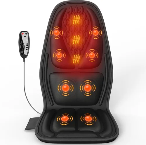 Miniatura 9 de Masajeador de espalda con calor, almohadilla de asiento de masaje con soporte lumbar 3D, almohadilla de masajeador de silla con 8 motores Negro