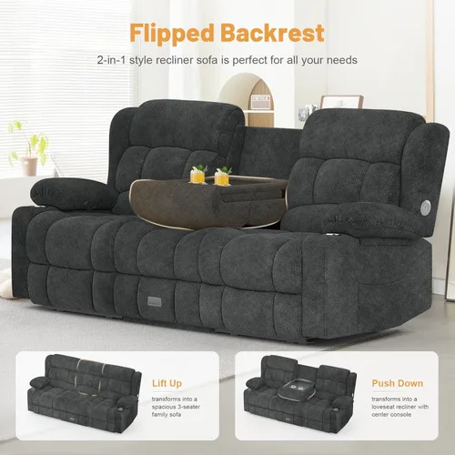 Miniatura 4 de Dresegmt - Sofá reclinable con diseño de respaldo central abatible, sofá de 3 plazas con cajón de almacenamiento, puertos USB y portavasos, sillón