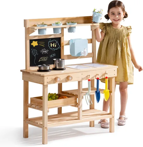 ROBUD Cocina de Barro para Niños al Aire Libre, Cocina de Madera para Jugar al Aire Libre, Cocina de Barro para Niños con Fregadero y Grifo