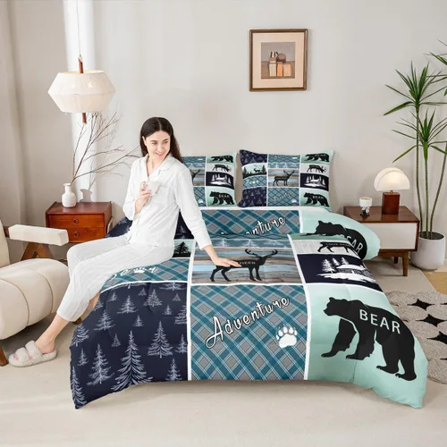 Miniatura 2 de Juego de edredón de oso y ciervo, tamaño individual, ropa de cama de animales salvajes de caza, colcha rústica de cabaña, casa de campo, cuadros
