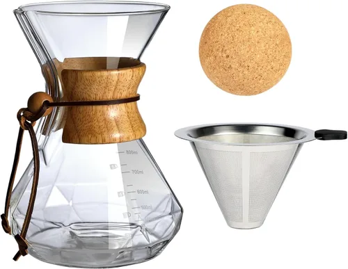 Cafetera de Café con Funda de Madera, 27oz/800ml Cafetera de Café con Filtro, Juego de Cafetera de Café con Tapón de Corcho (27oz/800ml)