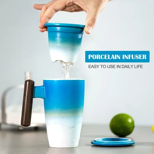 Miniatura 2 de suyika Tomotime - Taza de té de cerámica con infusor y tapa, asa de madera, 13.5 onzas (400 ml) (Azul cian)