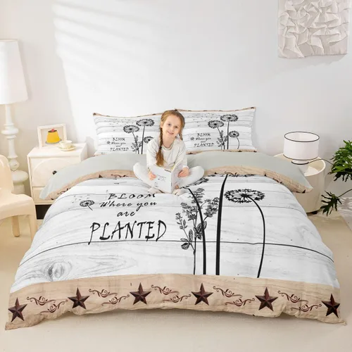 Miniatura 2 de Juego de funda de edredón de diente de león, estrella de Texas occidental, para niños y niñas, funda de edredón de tablones de madera gris y blanco