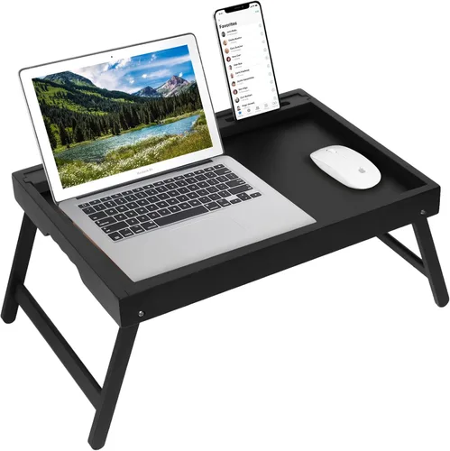 Miniatura 8 de Bandeja para la cama con asas y patas plegables, bandeja de desayuno de bambú con ranura para medios, uso como plato, escritorio para laptop, Negro