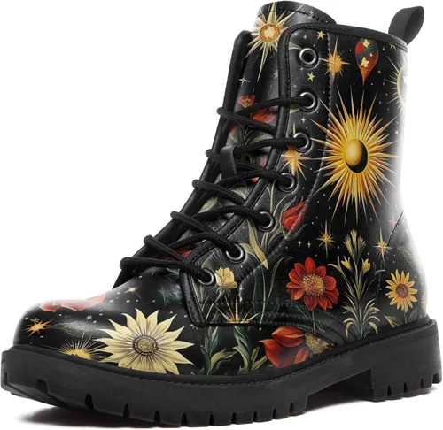 Miniatura 11 de Botas de Combate Florales de Setas para Mujer - Botas Góticas de Bosque Witchcore Tacón Grueso Cuero Vegano Moda con Cordones Botines Negros