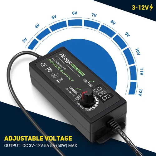 Miniatura 4 de Facmogu Fuente de alimentación ajustable de 3V-12V 5A 60W con pantalla LED, CC variable 3V 5V 6V 9V 12V Adaptador universal AC/DC, 100V-240V AC a DC