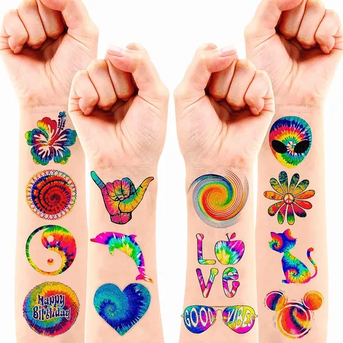 Tatuajes temporales de teñido anudado, 96 piezas de tatuajes para niños, suministros de fiesta temática de cumpleaños, 8 hojas de decoración