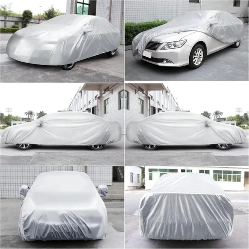 Miniatura 4 de Cubierta protectora de autos Uxcell 190T, cubierta de poliéster, impermeable y transpirable para todo tipo de clima, Blanco/Plateado