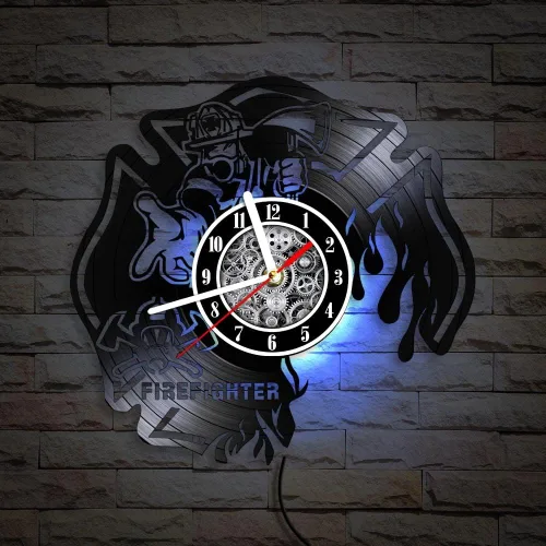 Miniatura 4 de The Geeky Days Reloj de pared LED de bombero, disco de vinilo, 7 colores, cruz maltesa quemada, 12 pulgadas, silencioso, sin tictac, casco