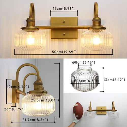 Miniatura 2 de Aplique de pared de vidrio de 2 luces con pantalla de globo a rayas transparentes, lámpara de pared de latón envejecido industrial para sala