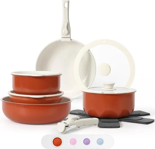 SODAY Juego de 15 ollas y sartenes antiadherentes, juegos de utensilios de cocina con mango desmontable, herramientas de cocina antiadherentes para