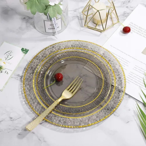 Miniatura 4 de Nervure - Platos de plástico, negro transparente con diseño de borde dorado desechables, platos de plástico para fiestas de boda, incluye 51 platos