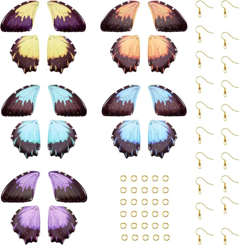 Miniatura 31 de FASHEWELRY 16 aretes de resina con alas de libélula y arco iris, mariposa, colgantes, alas de hada, coloridos dijes con ganchos para aretes, anillos