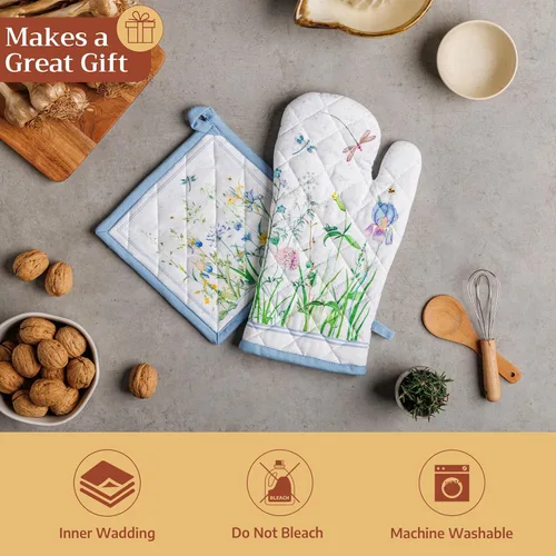 Miniatura 5 de Maison d' Hermine - Juego de guantes de horno de 7.5 x 13 pulgadas y agarradera de 8 x 8 pulgadas, 100 % algodón, resistente al calor, chef, 024