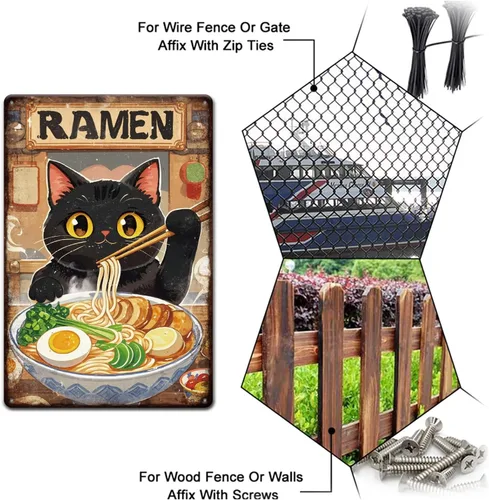 Miniatura 4 de GLOBLELAND Letrero de metal de ramen de gato negro de 12 x 8 pulgadas, letrero de decoración de gatitos y fideos, placa de metal de pared