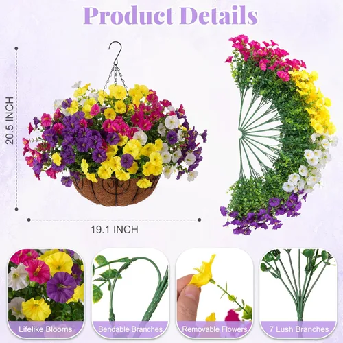 Miniatura 2 de Flores colgantes artificiales con cesta para exteriores, petunias sintéticas, plantas colgantes falsas con eucalipto, resistentes a los rayos UV