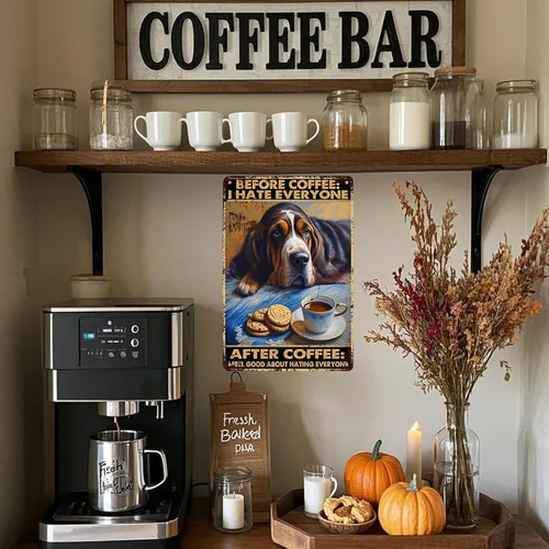 Miniatura 6 de KIYOYO Basset Hound Dog - Cartel de metal vintage de hound con texto en inglés "Before Coffee After Coffee" (Antes del café después del café)