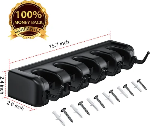 Miniatura 3 de LETMY Soporte de pared para escoba, soporte para fregona y escoba, estante de almacenamiento de garaje y organizador de herramientas de jardín, 5