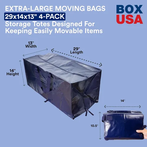 Miniatura 2 de BOX USA Paquete de 4 bolsas de mudanza con asas fuertes y cremalleras, bolsas de embalaje extragrandes resistentes para almacenamiento, cajas