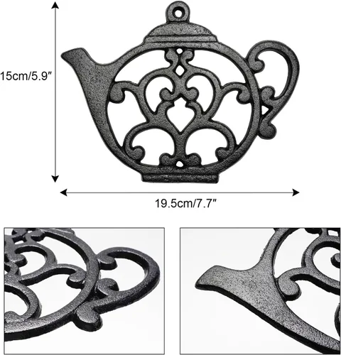 Miniatura 5 de Sungmor Salvamanteles de hierro fundido resistente, salvamanteles decorativos negros a prueba de óxido para cocina o mesa de comedor, 7.9 x 6 Tetera