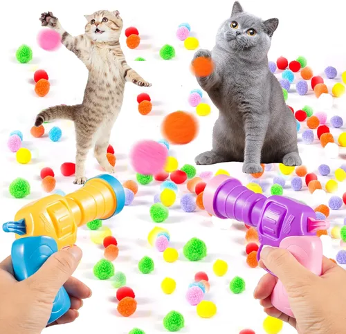 Miniatura 9 de Dorhui Lanzador de pistola de juguete para gatos, 30 bolas de pompones brillantes y lanzador de bolas de gato, disparador de pistola de juguete