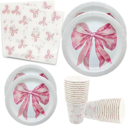 100 piezas de suministros para fiesta de cumpleaños con lazo rosa, juego de vajilla de lazo rosa de 9 y 7 pulgadas, platos de lazo rosa, tazas con