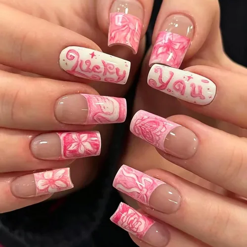 Miniatura 11 de MISUD Uñas a presión – Uñas cuadradas largas con pegamento rosa y negro, acrílico Y2K diseño de dijes de 24 piezas