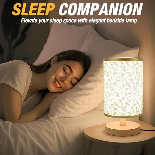 Miniatura 2 de Lámpara de escritorio con bombilla LED incluida, pequeña lámpara de mesita de noche enchufable, base de madera clásica con pantalla de tela de lino