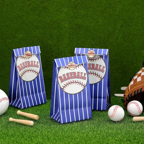 Miniatura 8 de Outus 30 bolsas de regalo de béisbol, bolsas de papel azules con calcomanías para fiestas temáticas de equipo, decoración de cumpleaños, celebración