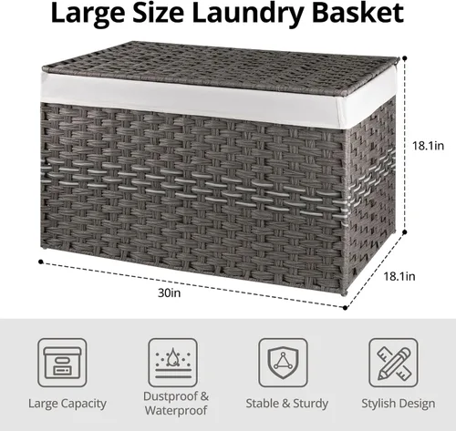 Miniatura 2 de OIAHOMY Cesta de Almacenamiento Grande con Tapa, 42.3 Galones (160L) Cesta para Mantas con Bolsa de Forro Extraíble, Cesto de Mimbre con Asa, Gris
