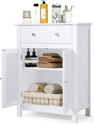 Miniatura 11 de GOFLAME Gabinete de almacenamiento de madera para baño, moderno armario organizador de baño con estante ajustable de 3 alturas, cajón y estante de 2