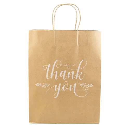 Bolsas de papel kraft con asas de 10 x 13 pulgadas + refuerzo de 5 pulgadas, paquete de 50 bolsas de compras de agradecimiento para venta al por