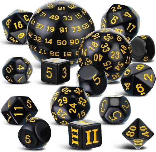 Miniatura 15 de Civaner Juego completo de 15 dados poliédricos D3-D100 esféricos RPG en negro opaco, 100 lados para juegos de rol, suministros de fiesta