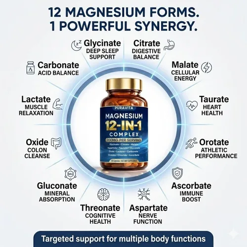 Miniatura 4 de Puravita Complejo de Magnesio, Puravita 12 en 1 Suplemento de magnesio 700 mg con glicinato, citrato, malato, óxido, taurato y más, alta absorción