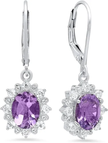MAX + STONE - Aretes colgantes ovalados de plata de ley 925 con halo y explosión de sol para mujer, piedra natal de 0.315 x 0.236 in con cierre de