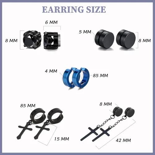 Miniatura 2 de Juego de 16 pares de aretes tipo dormilona para hombres y mujeres, de acero inoxidable 316L, aretes de aro colgantes de clip sin perforar, aretes