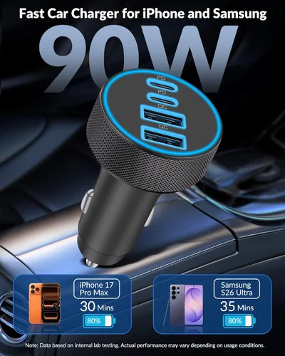 Miniatura 2 de [4 en 1] Cargador de Coche USB C, Adaptador de Encendedor de Cigarrillos de Carga Súper Rápida de 4 Puertos 90W, Dual 45W USBC y USB-A Multipuerto