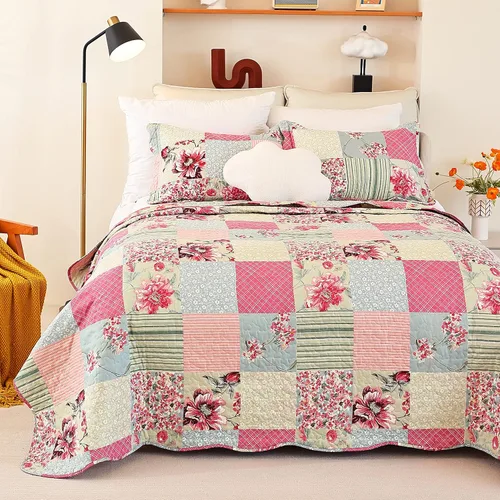 Miniatura 2 de Cmfshape - Juego de edredón de verano floral King acolchado, juego de edredón rosa romántico King, juego de ropa de cama reversible cosido para Rosa