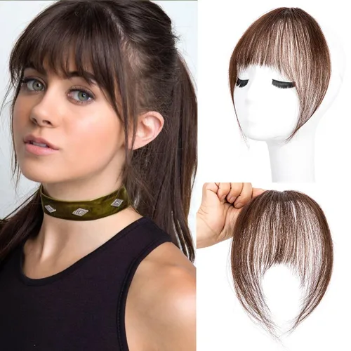 Miniatura 12 de Flequillo con clip, extensiones de cabello humano 100 % real, flequillo con clip para mujer, extensiones curvadas para uso diario