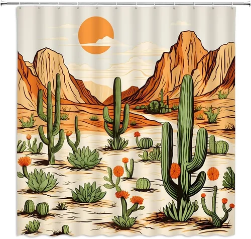 Cortina de ducha occidental, cactus, montaña, desierto, paisaje, étnico, azteca, americano, vaquero, decoración de baño, cortinas de tela con ganchos