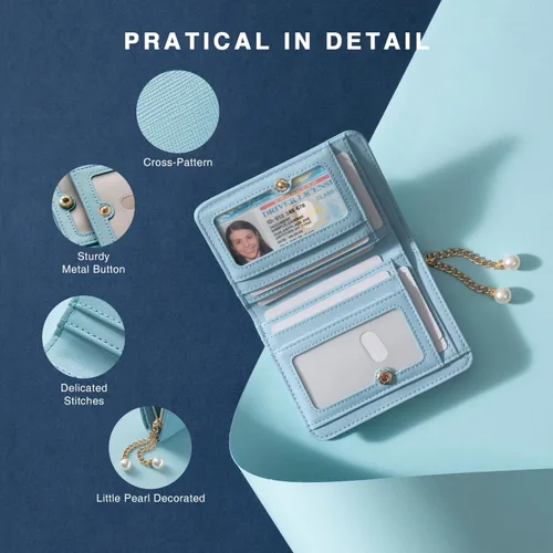 Miniatura 3 de Cartera para mujer con colgante de perlas RFID bloqueo tarjeta de crédito cartera de cuero premium, Celeste, Minimalista